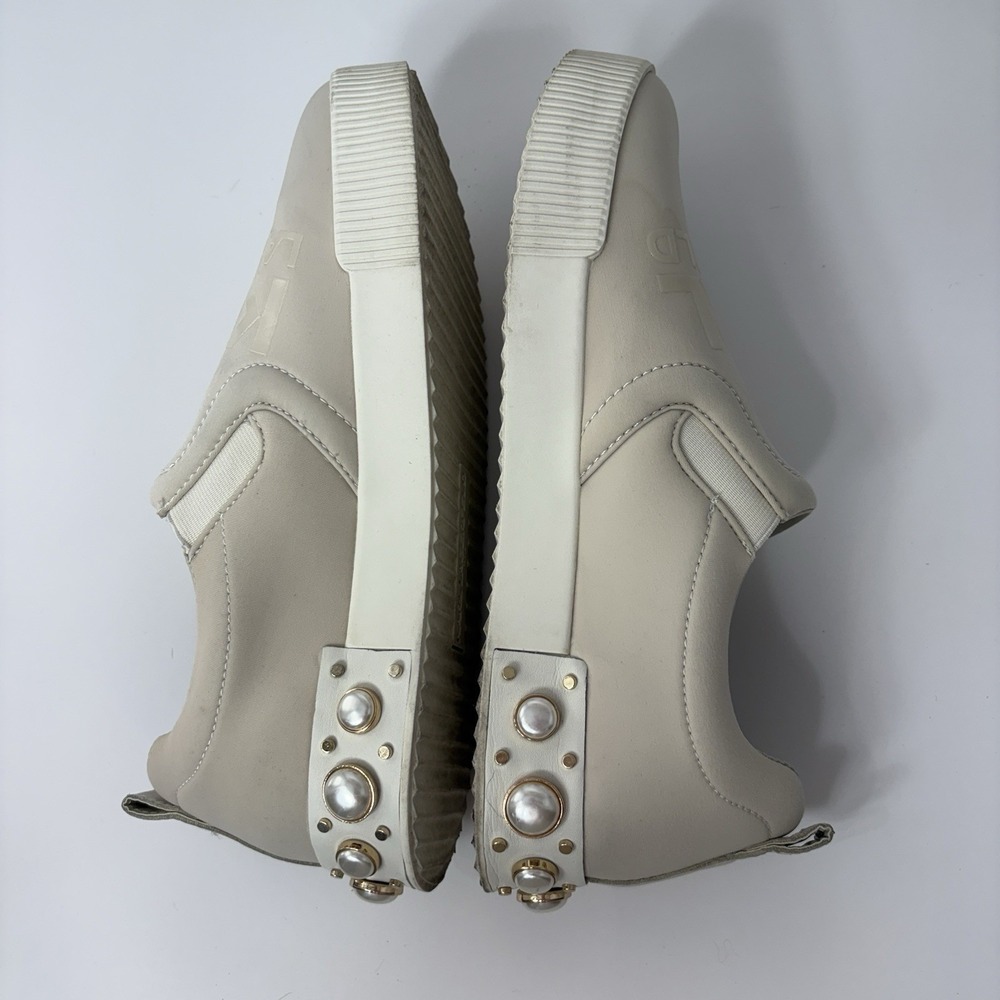 Karl Lagerfeld Paris Evy Pearl Embellished Platform Sneaker Ecru 10M Luxe Chic